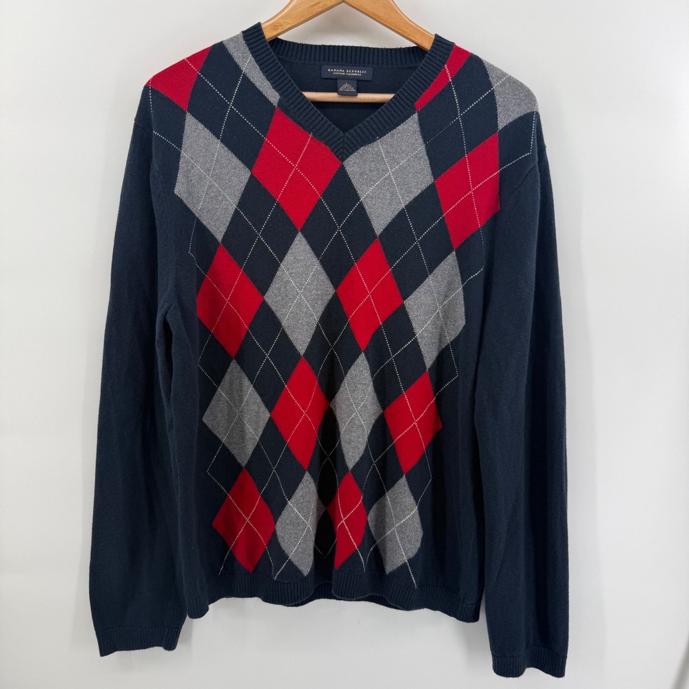 Banana Republic Mens Large Navy Blue Argyle Cotton Cashmere V-Neck Sweater